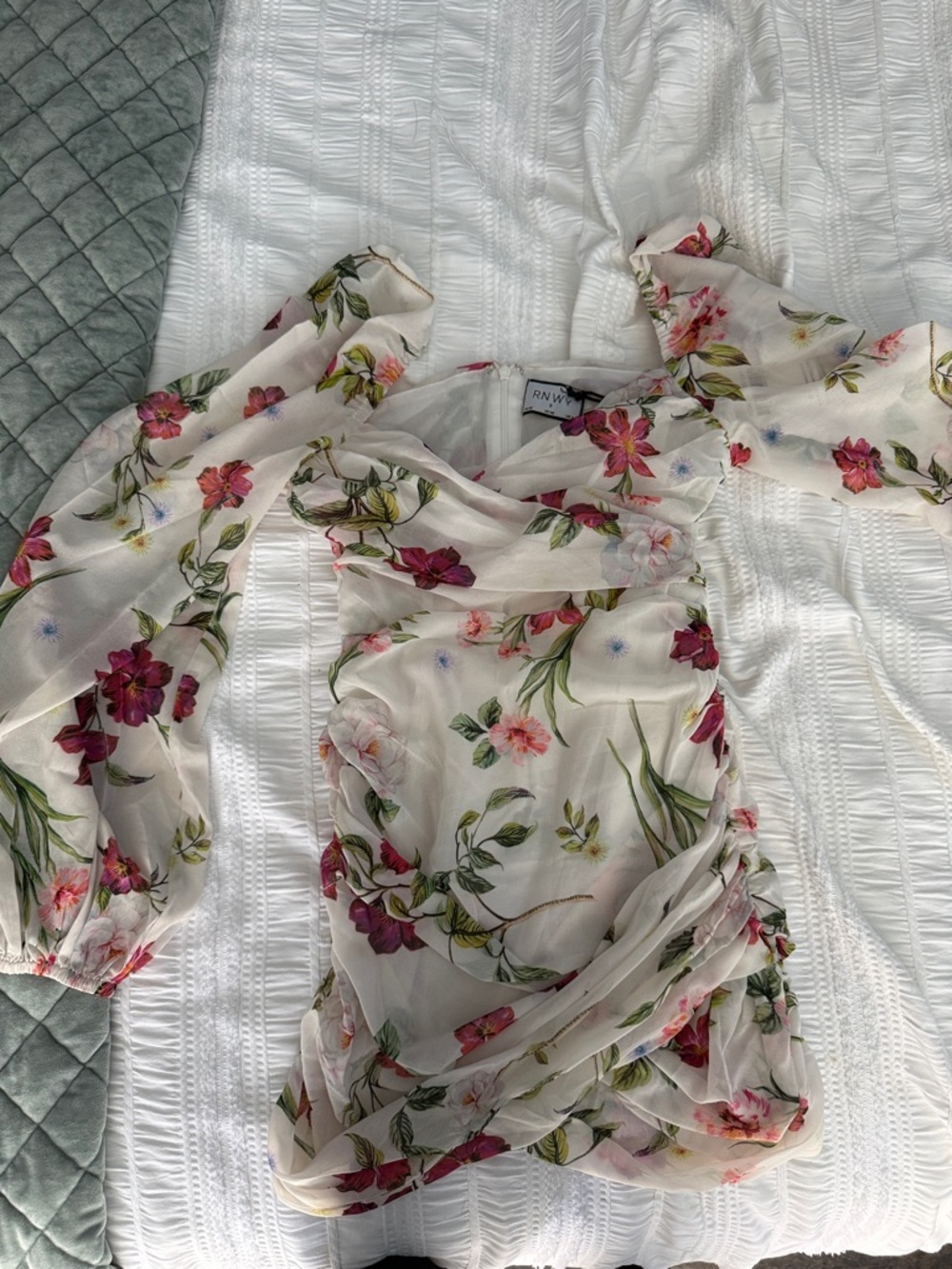 RNW Floral Sheer Mini Dress in Ivory with Pink Floral Print
